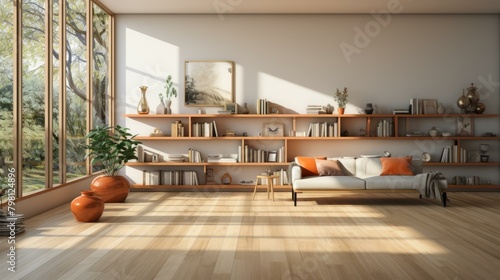 b'A bookshelf in a modern living room' photo