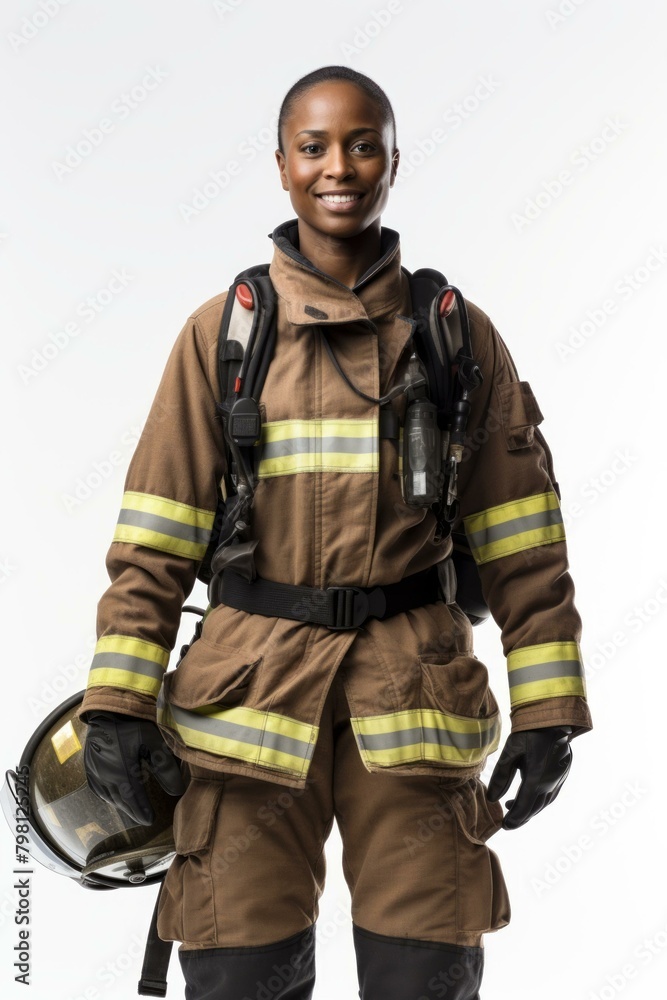 b'Studio portrait of a smiling African-American female firefighter in protective gear and holding a helmet' b'Studio portrait of a smiling African-American female firefighter in protective gear and holding a helmet'