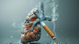Human heart being squeezed by a cigarette concept. Smoking and cardiovascular health risk theme for educational materials and health campaigns