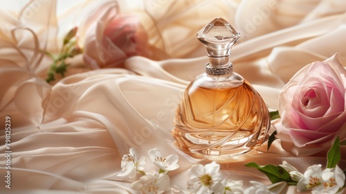 Elegant perfume bottle on silk fabric with rose. Luxury fragrance and fashion concept with copy space