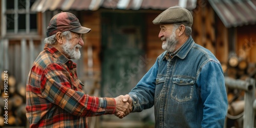 b'Two old men shaking hands in front of a wooden house'