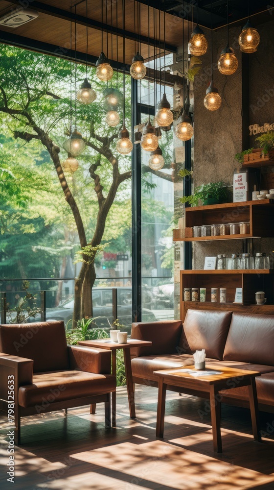 b'Elegant cafe interior with large windows and lush greenery'