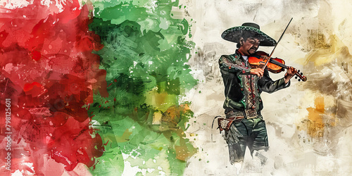 The Mexican Flag with a Mariachi Band Member and a Muralist - Imagine the Mexican flag with a member of a mariachi band representing Mexican music and culture, and a muralist symbolizing Mexico' photo