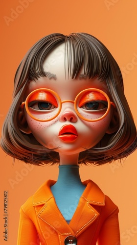 3D illustration of a young woman with brown hair and orange glasses
