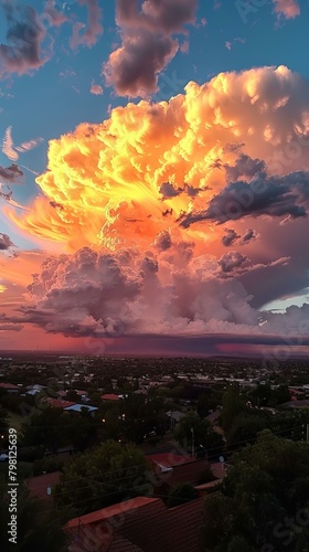 b'A large storm cloud looms over a city'