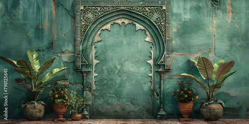 Classic wall texture & green color background green wall and arch with arabesques mughal architecture 