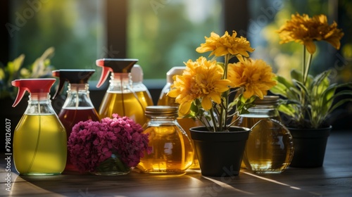 Wallpaper Mural b'A variety of essential oils and flowers on a wooden table' Torontodigital.ca