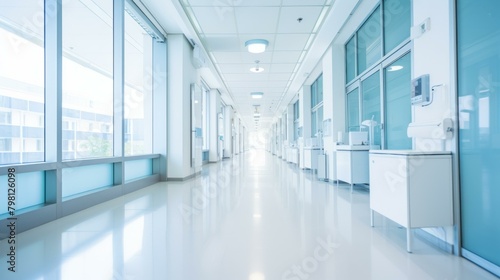 b'Hospital hallway with blue walls and large windows'