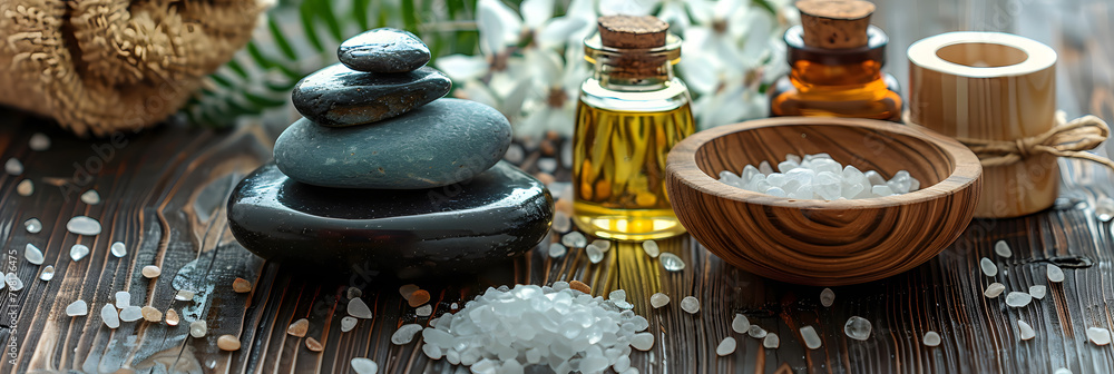 beauty treatment items for spa procedures on wooden table, massage stones, essential oils and sea salt