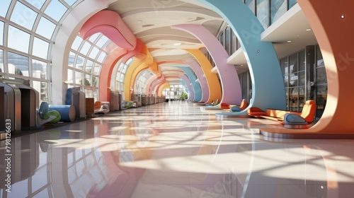 b'A brightly colored airport terminal with curved walls and large windows' photo