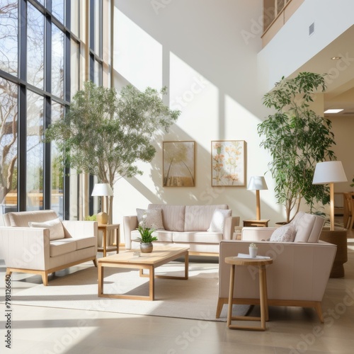 b'Elegant living room interior with large windows and plants'