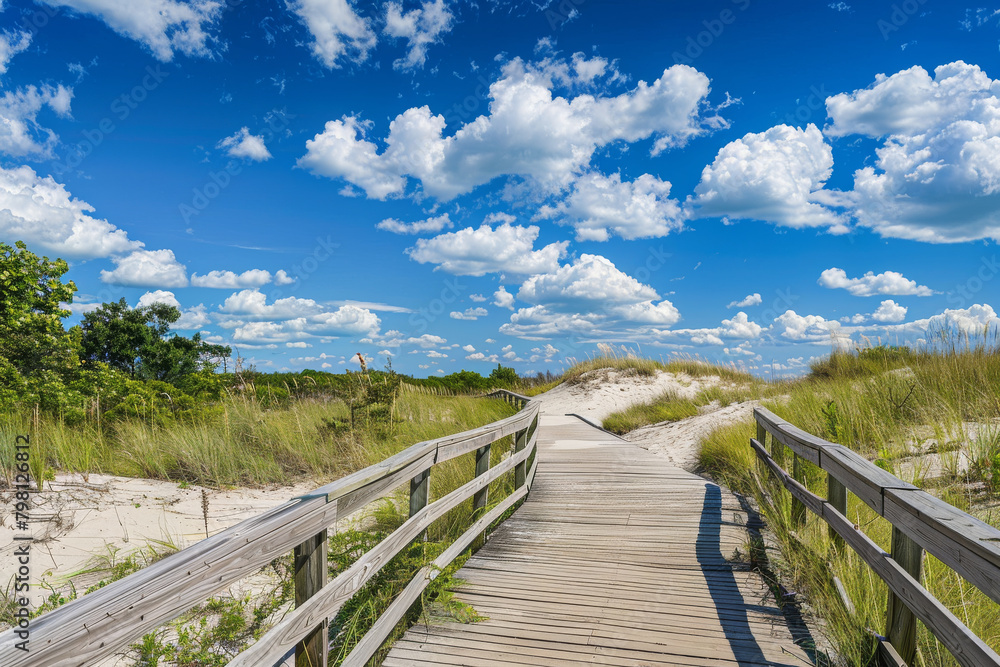 Serene Beach Pathway Leading Through Sunlit Dunes Under a Blue Sky