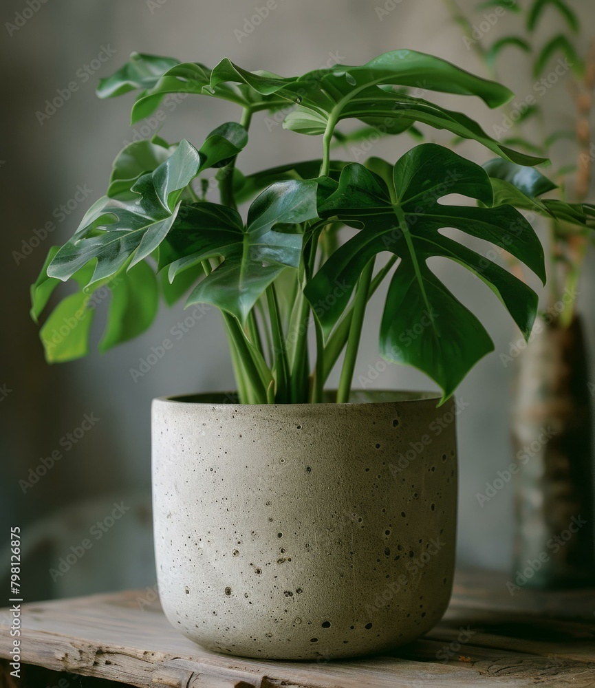 b'A lush potted Monstera deliciosa plant with dark green leaves and fenestrations' b'A lush potted Monstera deliciosa plant with dark green leaves and fenestrations'