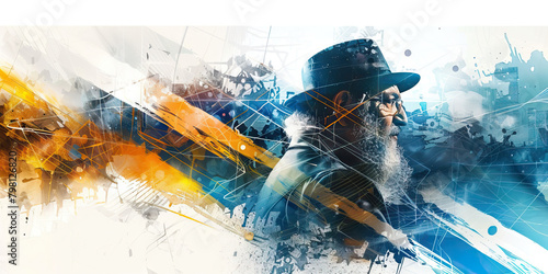 The Israeli Flag with a Rabbi and a Technological Innovator - Picture the Israeli flag with a rabbi representing Judaism and Israeli culture, and a technological innovator symbolizing Israel's advance photo