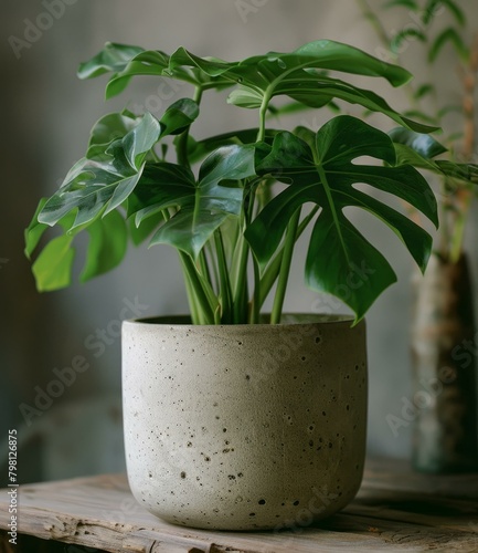 b'A lush potted Monstera deliciosa plant with dark green leaves and fenestrations' photo