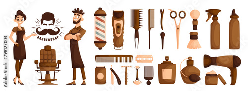 Set of elements on the theme of a hairdressing salon. A guy and a girl are barbershop workers. Haircut machine, combs, scissors, hair dryer, razor, perfume, barbershop supplies, vector cartoon.