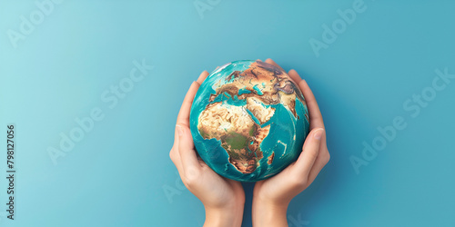 planet earth globe hands caring holds a globe on blue background Earth Day