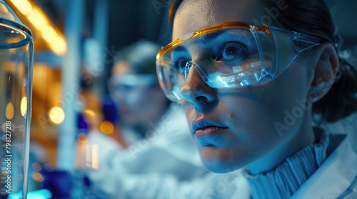 Image of the R&D center with portrait of engineers wearing protective glasses researching a new energy source