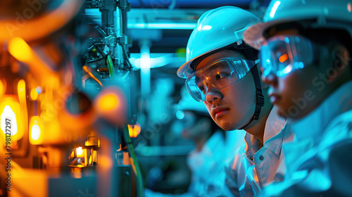 Image of the R&D center with portrait of engineers wearing protective glasses researching a new energy source