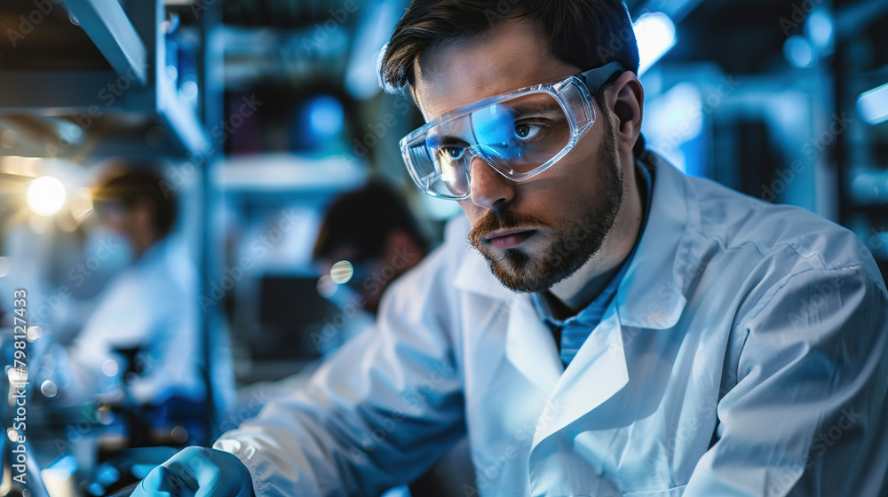 Image of the R&D center with portrait of engineers wearing protective glasses researching a new energy source Image of the R&D center with portrait of engineers wearing protective glasses researching a new energy source