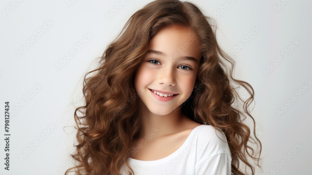b'Portrait of a smiling young girl with long brown hair' b'Portrait of a smiling young girl with long brown hair'