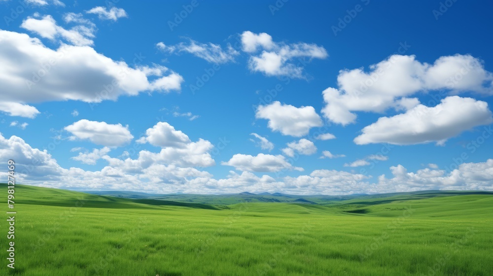 b'Green rolling hills under blue sky with white clouds' b'Green rolling hills under blue sky with white clouds'