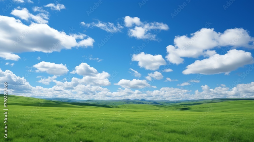 b'Green rolling hills under blue sky with white clouds'