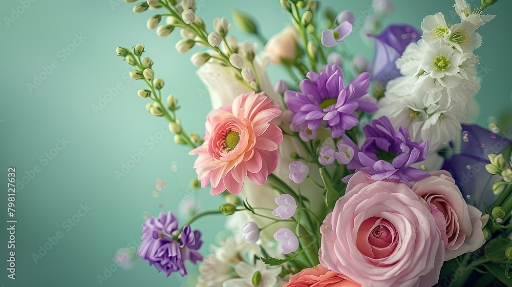 Celebrate Mother s Day Spring Summer and beyond with a delightful display of pink purple and white flowers against a soft pastel green backdrop This nature inspired flying flower arrangemen