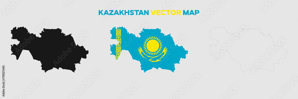 Kazakhstan Map Vector Pack. Map with Flag. Gray Map Silhouette. Gray Outline Map. Editable EPS file. 