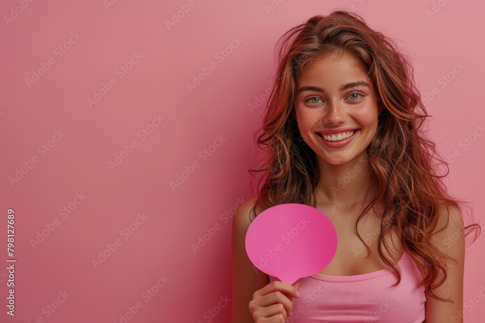 Smiling Young Woman Holding Pink Circle on Vibrant Background Smiling Young Woman Holding Pink Circle on Vibrant Background