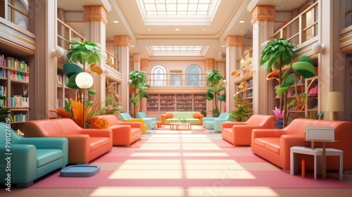 b'A library with pink and blue couches and green plants' photo