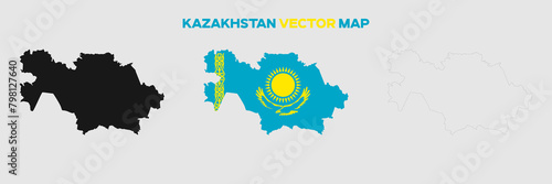 Kazakhstan Map Vector Pack. Map with Flag. Gray Map Silhouette. Gray Outline Map. Editable EPS file. 