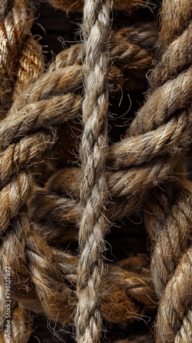 Close-up of intertwined natural jute ropes. Detailed texture shot. Concept of complexity and interconnection.