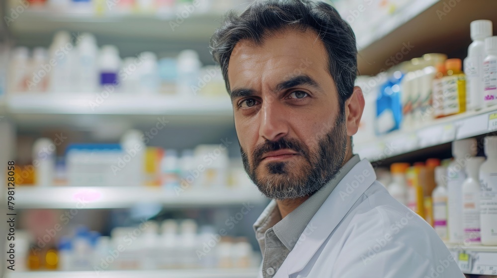 Man with beard in dress shirt standing in pharmacy, looking at camera