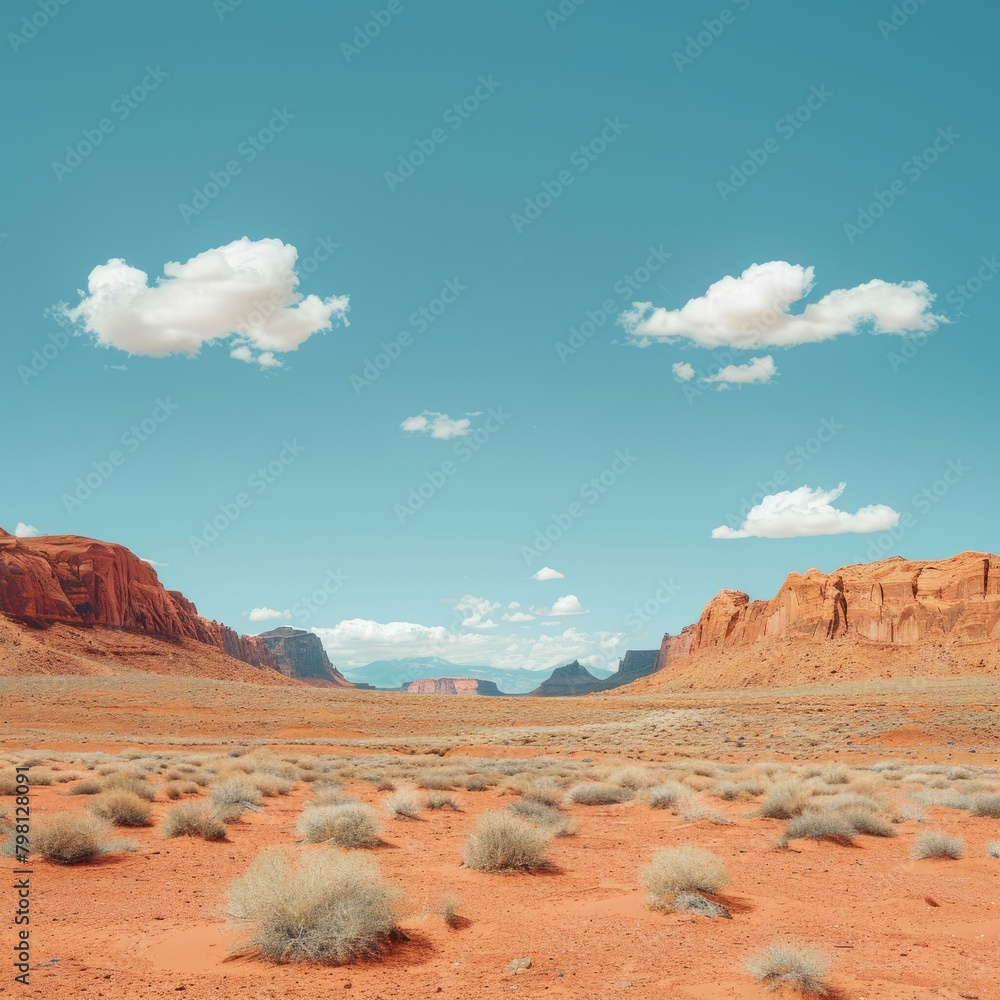 b'Arid desert landscape with red rocks and blue sky'