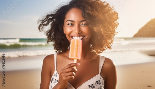Afro-Amerikanische Frau am strand isst ein eis am Stiel. photo