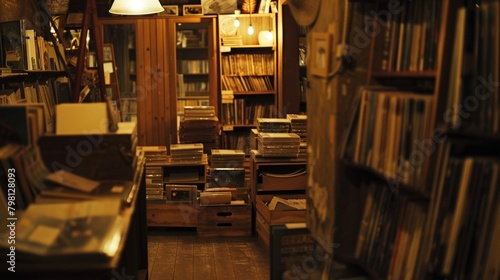 The cozy dimly lit interior of this defocused record store immediately brings to mind images of a bygone era. Old wooden crates overflowing with records and the gentle scent of aging .