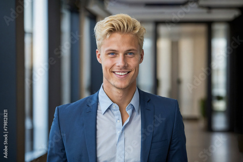 The businessman is a young man, blond with blue eyes, smiling. Portrait