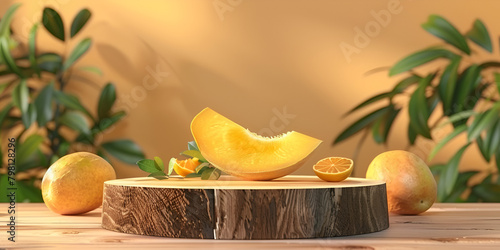 mango slice on empty wooden a product podium stage presentation with yellow background © Muhammad