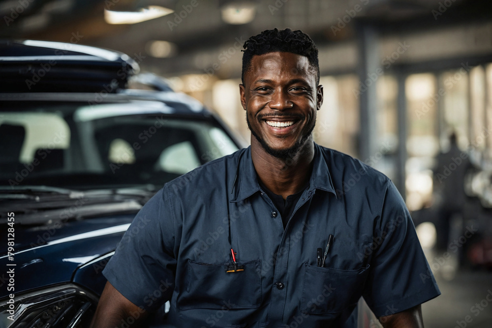 An auto mechanic. A car service worker in the foreground.There are cars in the background. An auto mechanic. A car service worker in the foreground.There are cars in the background.