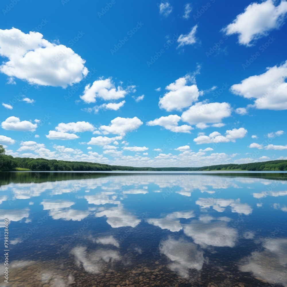 Fototapeta premium b'Blue sky and white clouds over a lake'