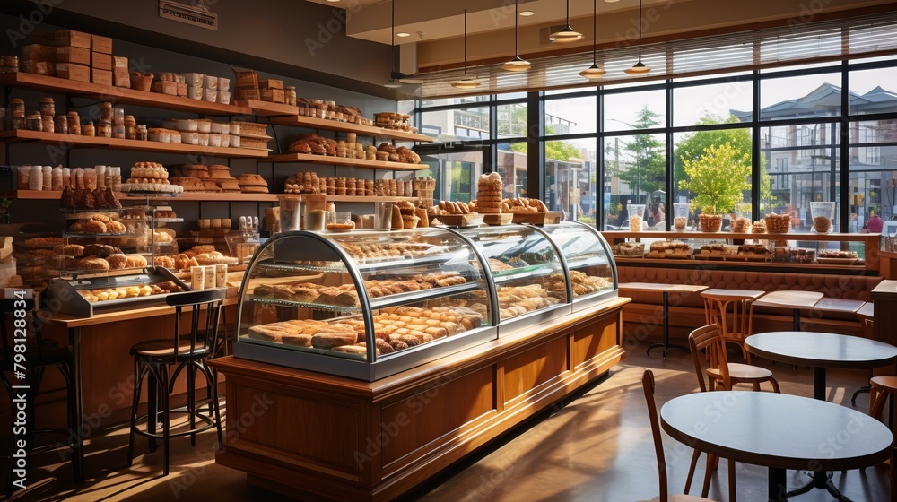 b'An inviting bakery shop with a variety of breads and pastries on display'