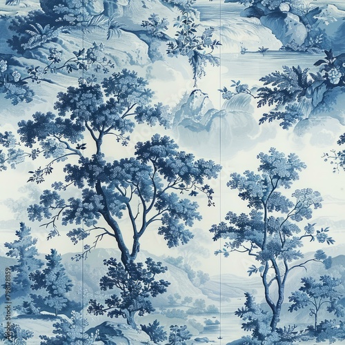 b'Blue and white chinoiserie wallpaper with blue trees and mountains' photo