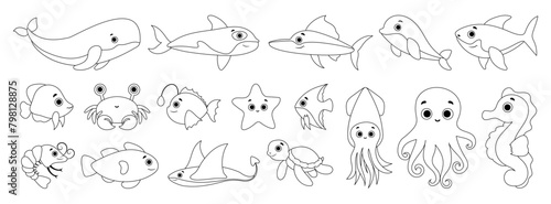 Set of black line icons of Sea Animals Stickers. Underwater life. Cute whale, squid, octopus, stingray, jellyfish, fish, crab, seahorse. Fish and wild sea animals isolated on white background.