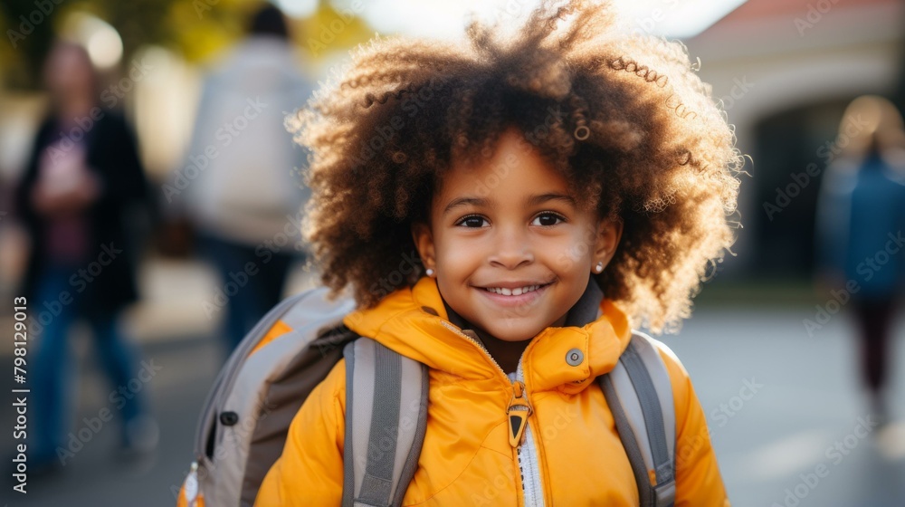 b'Portrait of a smiling young girl with curly hair wearing a yellow jacket and a backpack' b'Portrait of a smiling young girl with curly hair wearing a yellow jacket and a backpack'