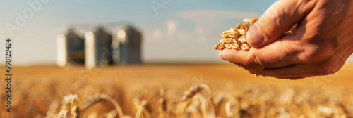 Farmer Holding Wheat Grains in Field with Silos in Background photo