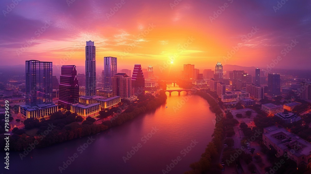 b'Austin Texas Skyline at Sunset Overlooking Lady Bird Lake' b'Austin Texas Skyline at Sunset Overlooking Lady Bird Lake'
