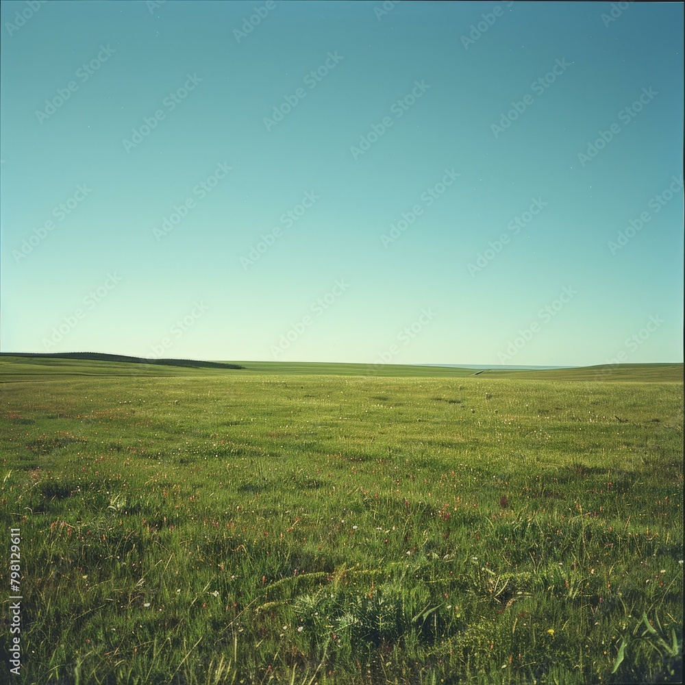 b'Vast green grassland under blue sky'