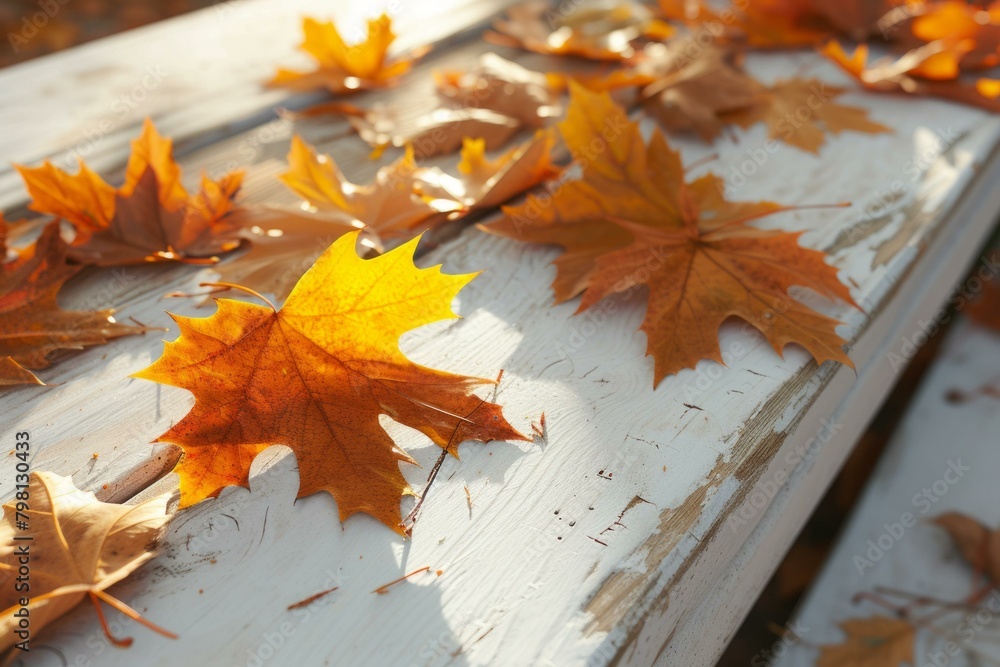 Obraz premium b'Fallen leaves on a wooden bench in autumn'