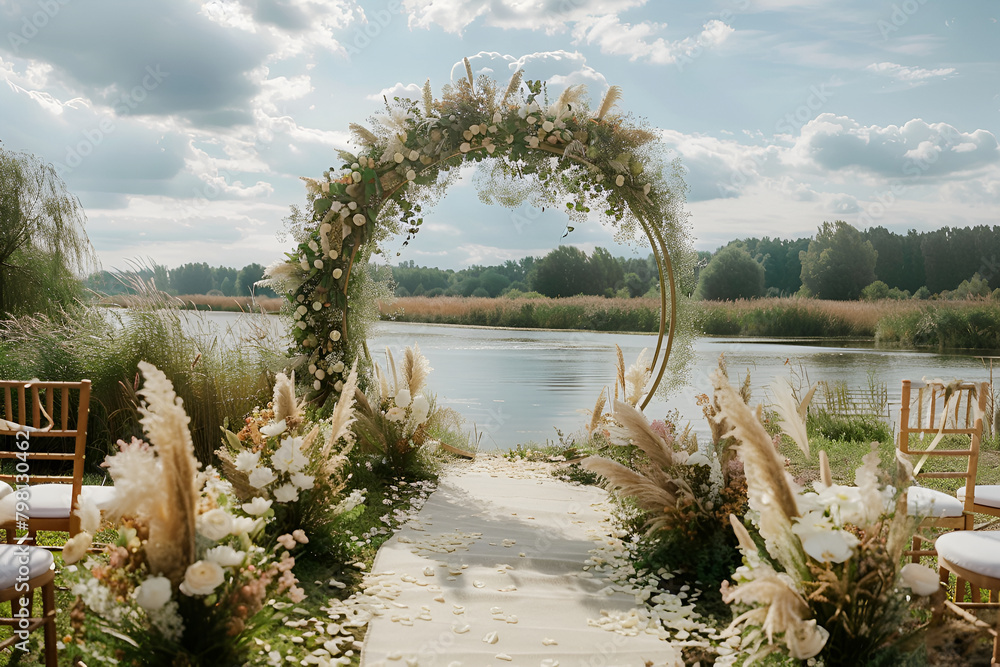 Fototapeta premium A designer wedding arch in nature, against the backdrop of a picturesque landscape.